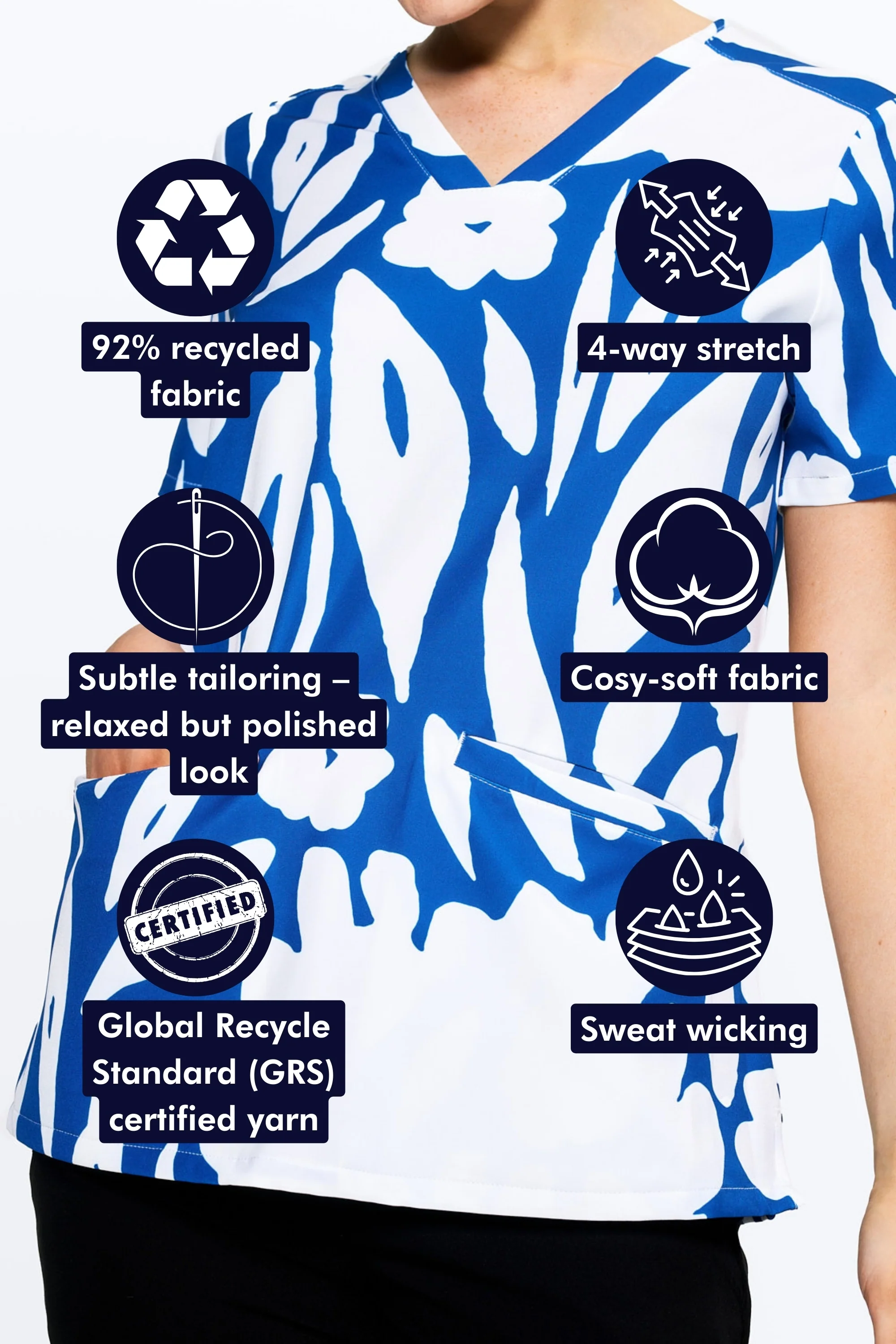 Blue-tiful Blooms Women’s 3-Pocket Scrub Top - Image 2