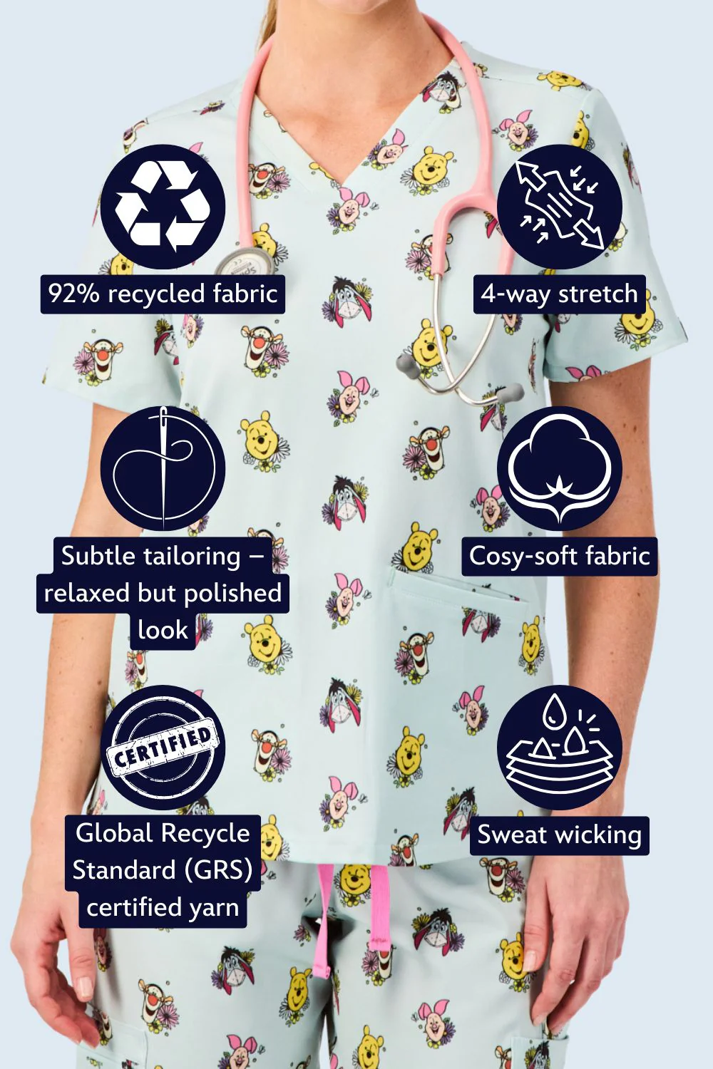 Disney’s Winnie the Pooh and Friends Women’s 3-Pocket Scrub Top, Flower Patch - Image 2