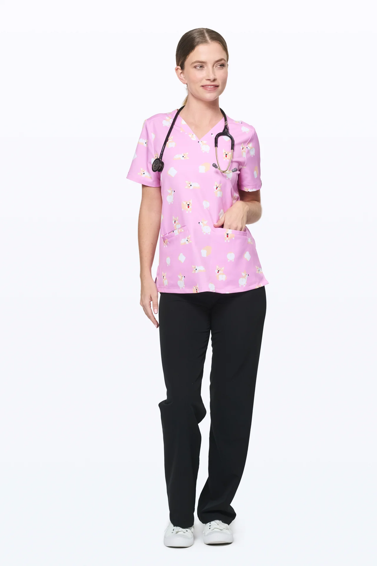 Loafing Corgis Women’s 3-Pocket Scrub Top - Image 4