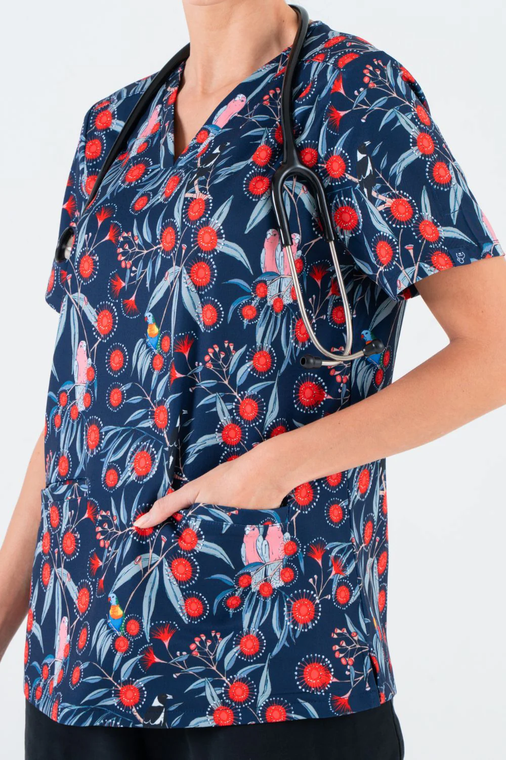 Red Flowering Gum Women’s 3-Pocket Scrub Top - Image 4