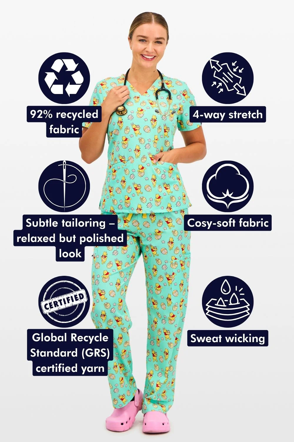 Disney’s Winnie the Pooh Women’s 3-Pocket Scrub Top, Easter Egg Hunt - Image 2
