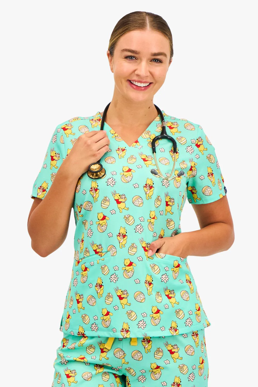 Disney’s Winnie the Pooh Women’s 3-Pocket Scrub Top, Easter Egg Hunt - Image 4