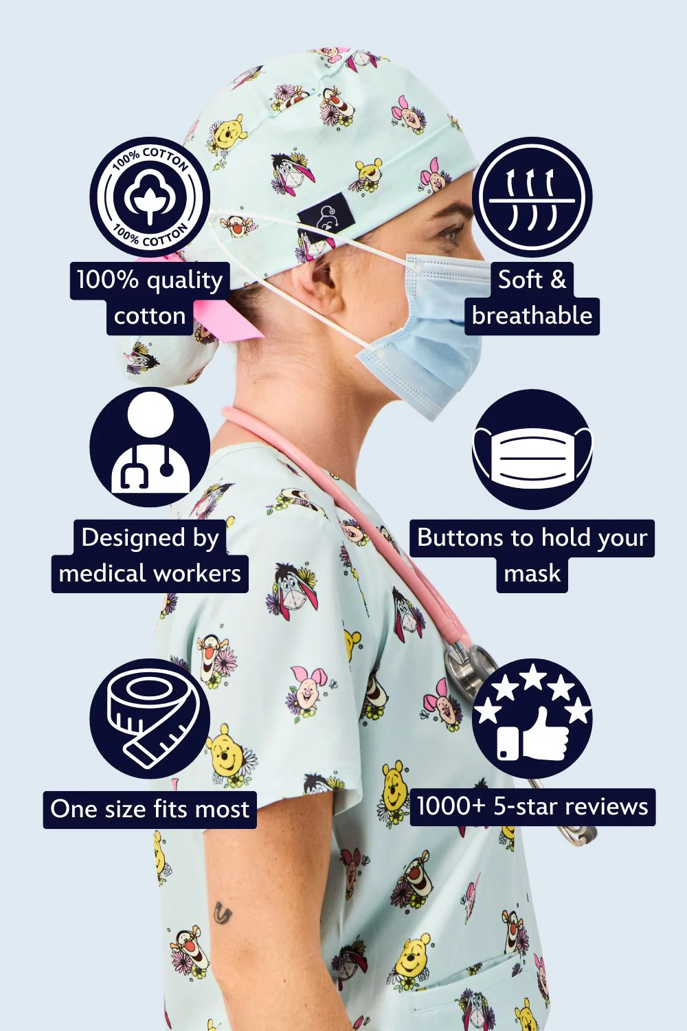 Disney’s Winnie the Pooh and Friends Scrub Cap, Flower Patch - Image 2