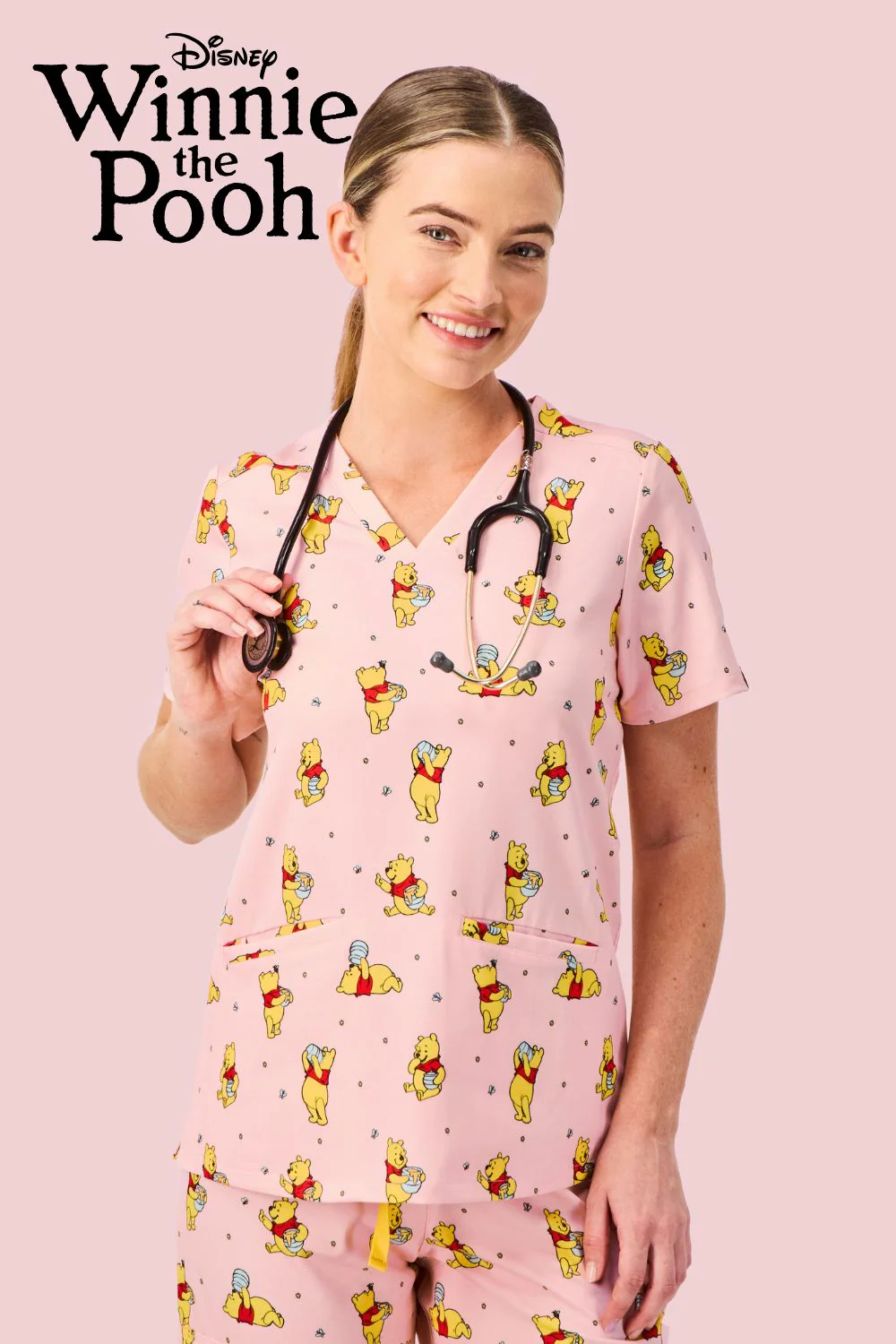 Disney’s Winnie the Pooh Women’s 3-Pocket Scrub Top, Honey Pot